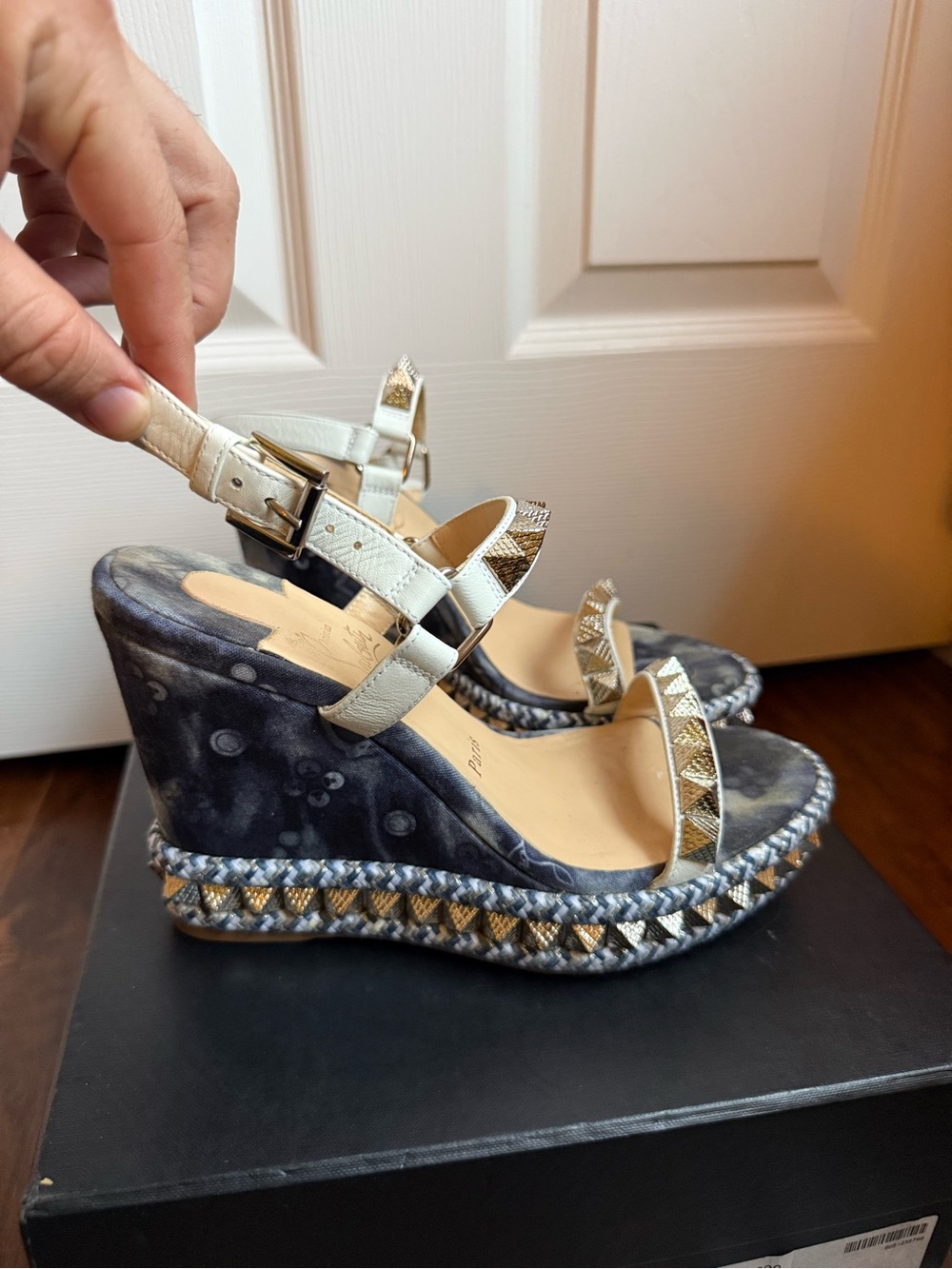 Christian Louboutin Pyraclou 110mm denim wedge sandals SZ 37 - Picture 3 of 8
